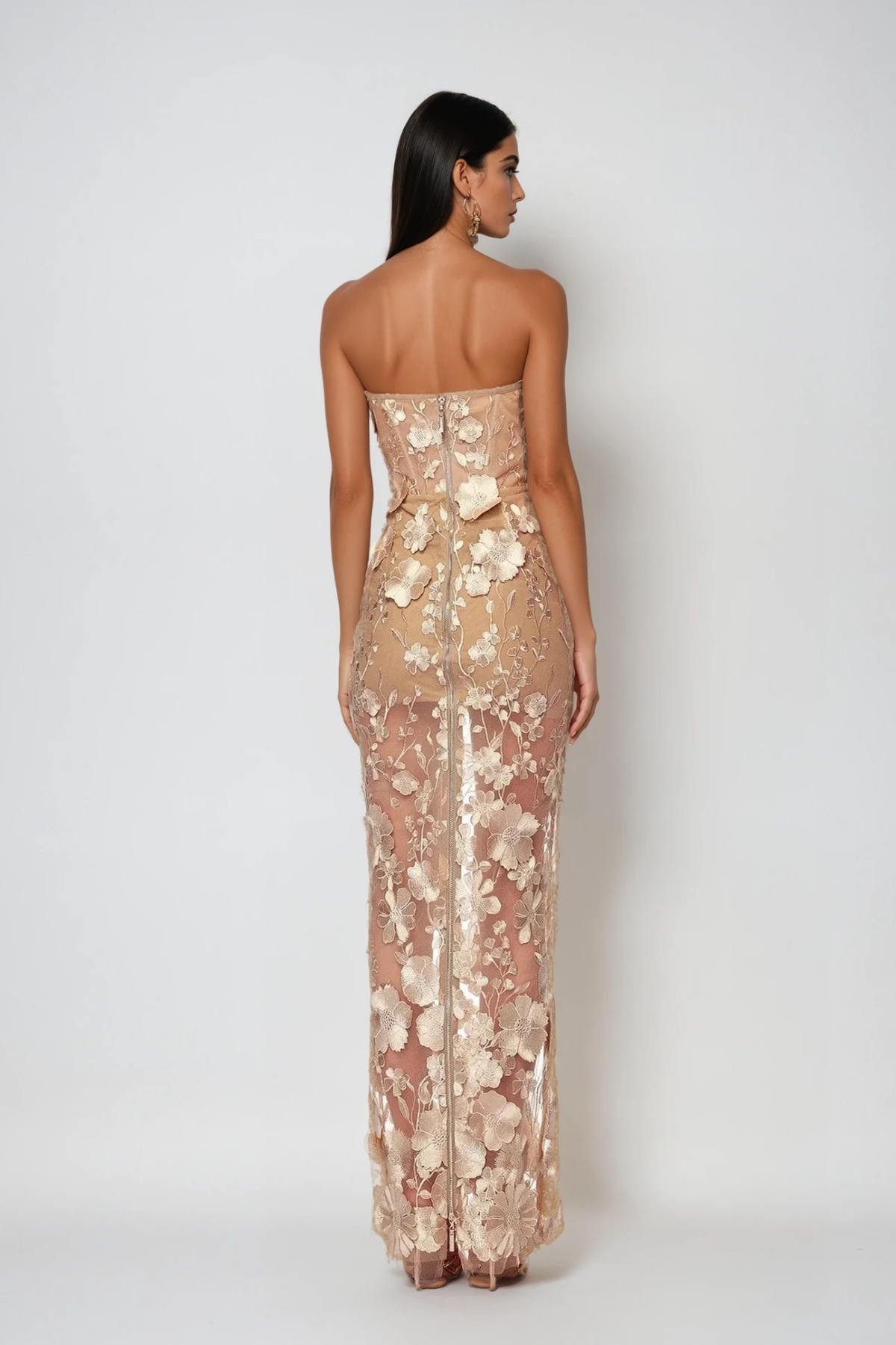 Strapless Sweetheart 3D Floral Applique Sheer Overlay Column Maxi Gown 4