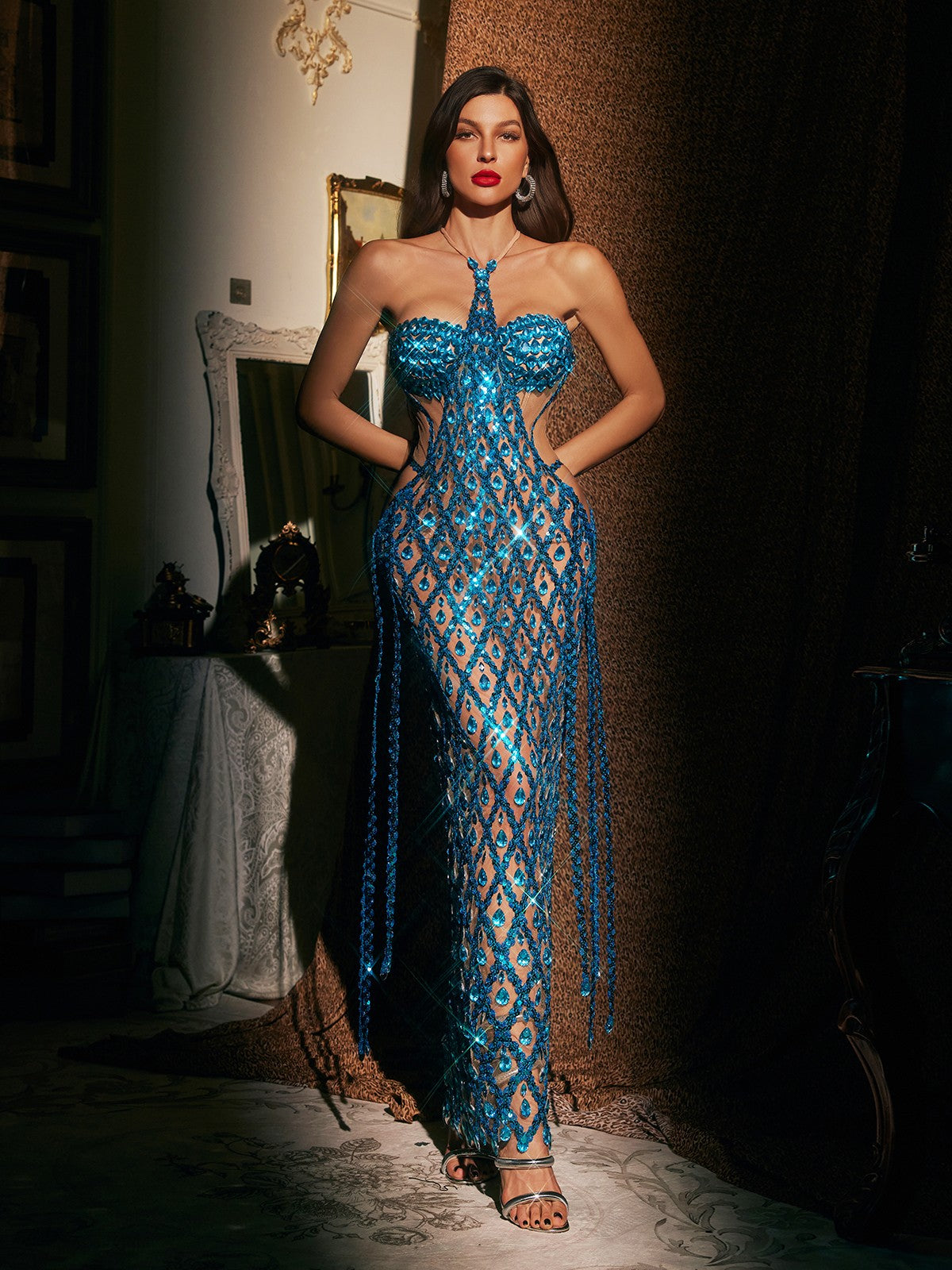 Halter Neck Sweetheart Mesh Crystal Lattice Fringe Maxi Dress