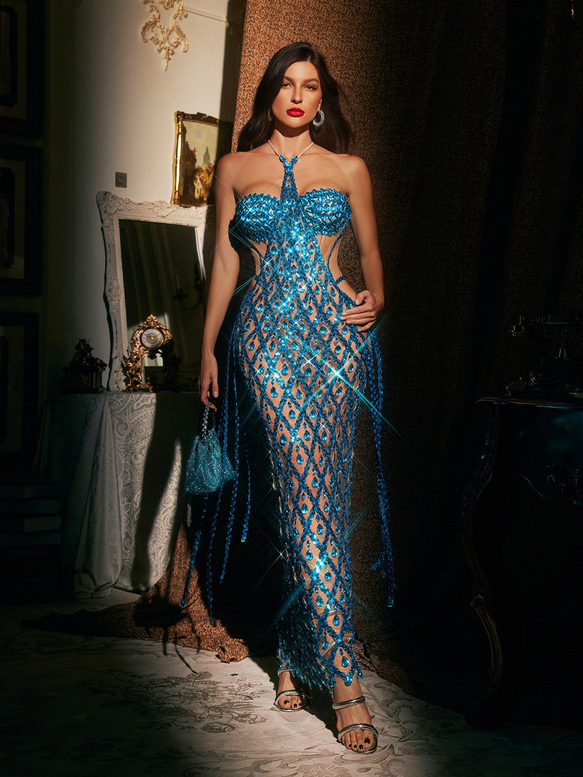 Halter Neck Sweetheart Mesh Crystal Lattice Fringe Maxi Dress 2