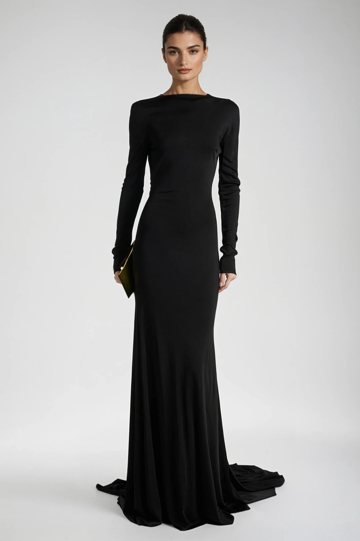 Long Sleeve Plunging Open Back Ruched Train Maxi Gown 3