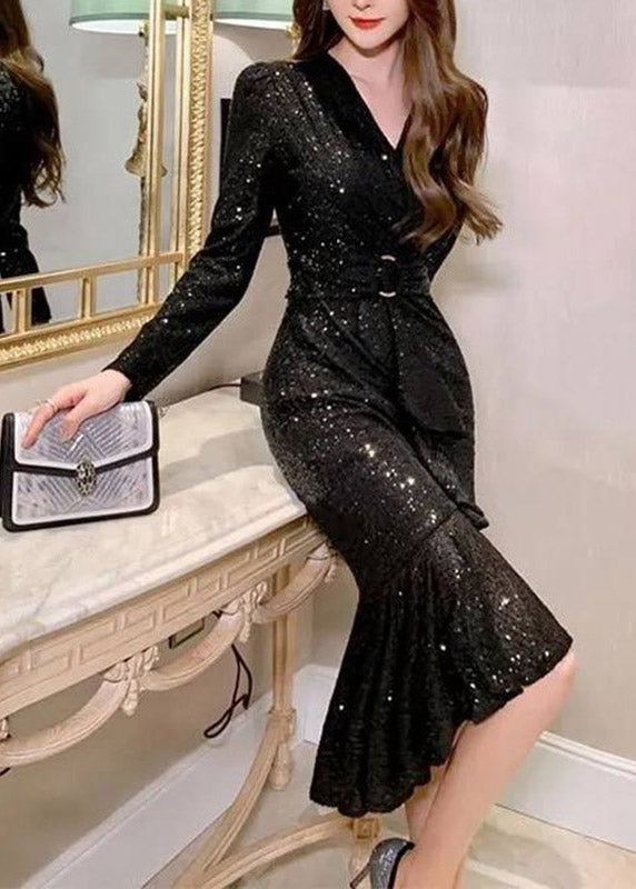 V-Neck Sequin Belted Long Sleeve Mermaid Flounce Midi Dress 3
