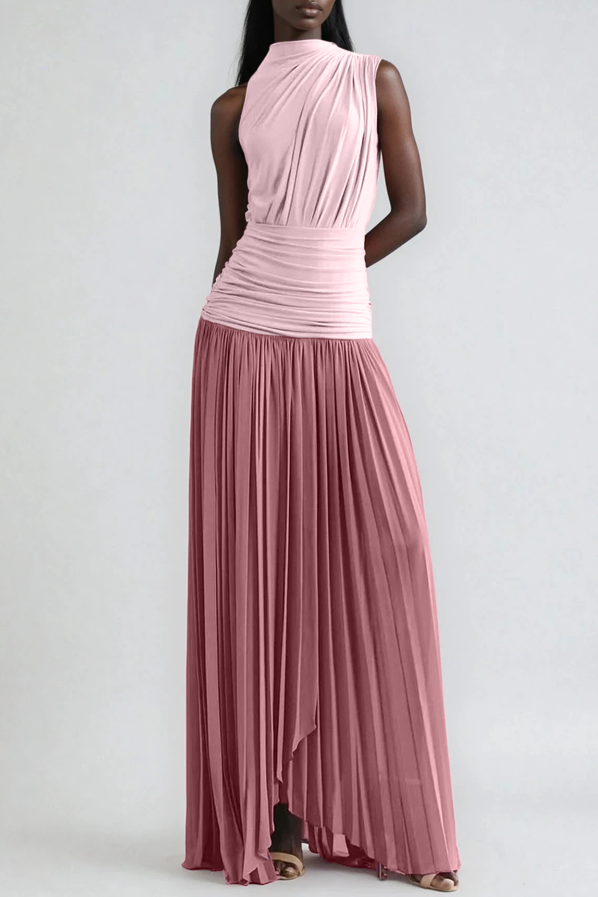 Mock Neck Sleeveless Diagonal Drape Ruched Waist Accordion Pleat Maxi Dress