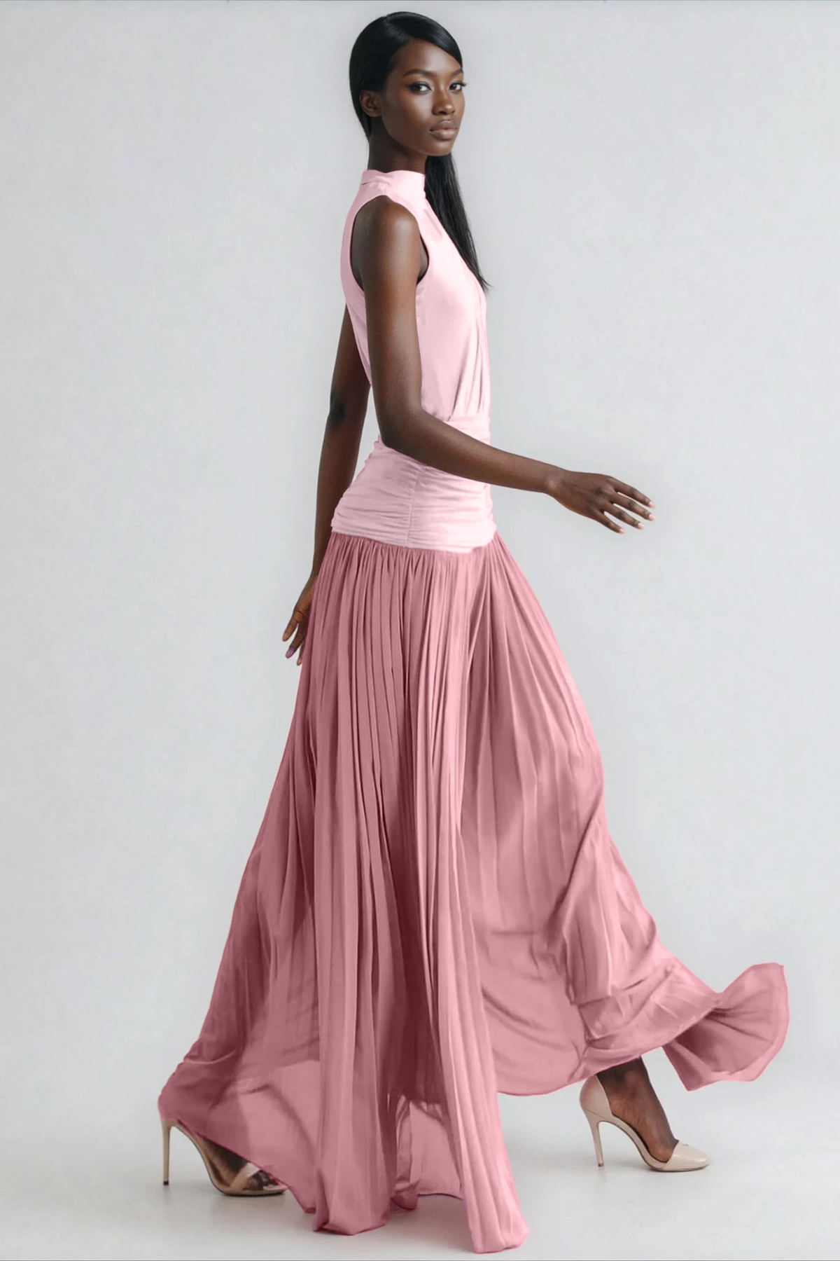 Mock Neck Sleeveless Diagonal Drape Ruched Waist Accordion Pleat Maxi Dress 4