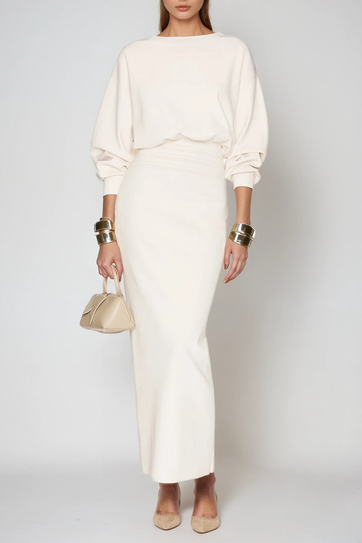 Boat Neck Balloon Sleeve Smocked Waist Column Maxi Dress
