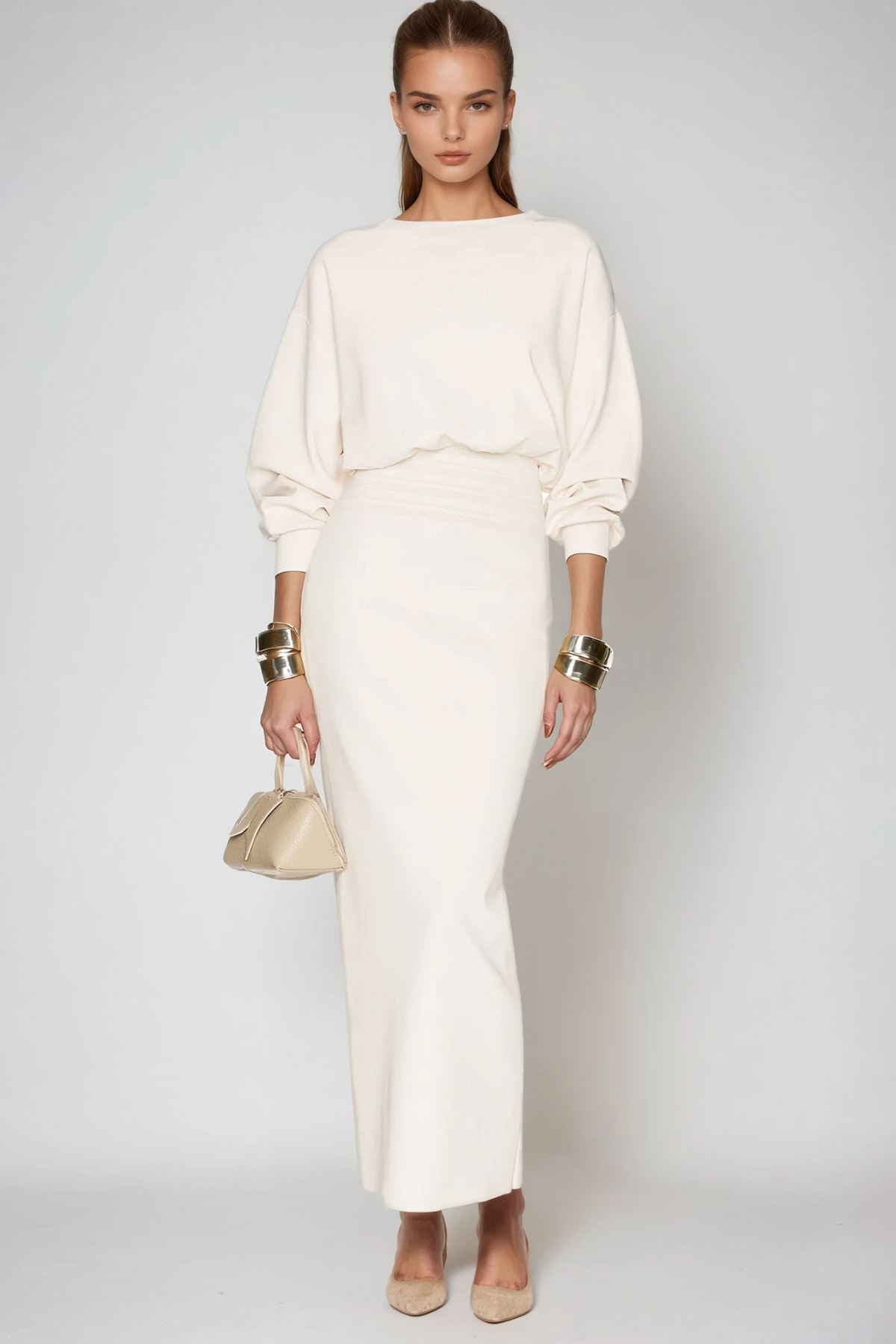 Boat Neck Balloon Sleeve Smocked Waist Column Maxi Dress 2