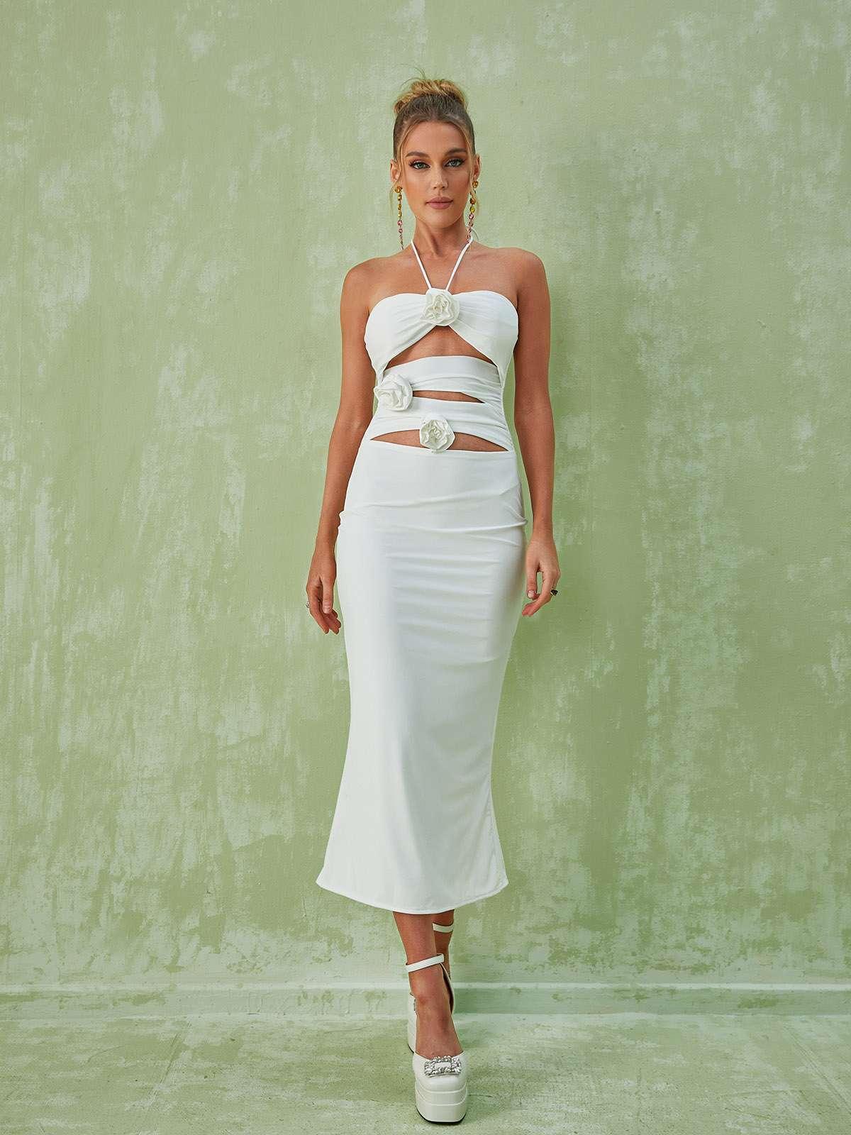 Halter Lace Up Side Cutout 3D Rosette Midi Dress 2