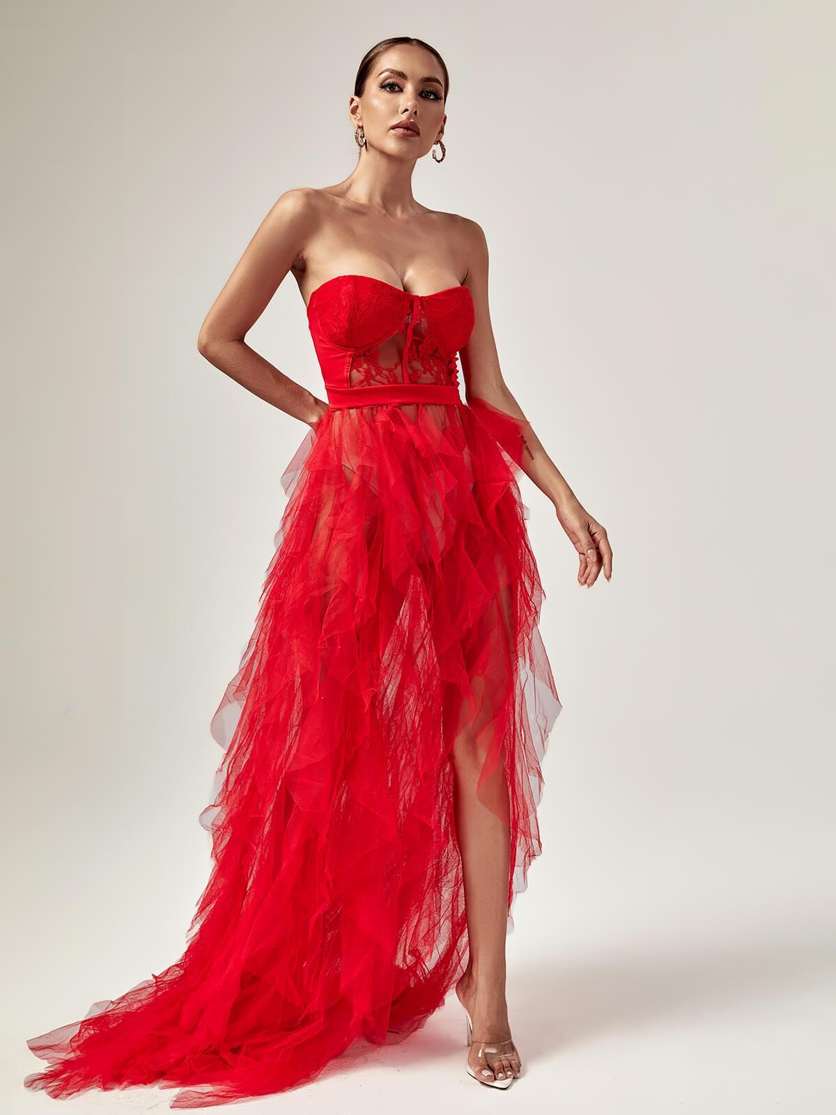 Strapless Corset Lace Tiered Tulle High Slit Train Maxi Gown 4