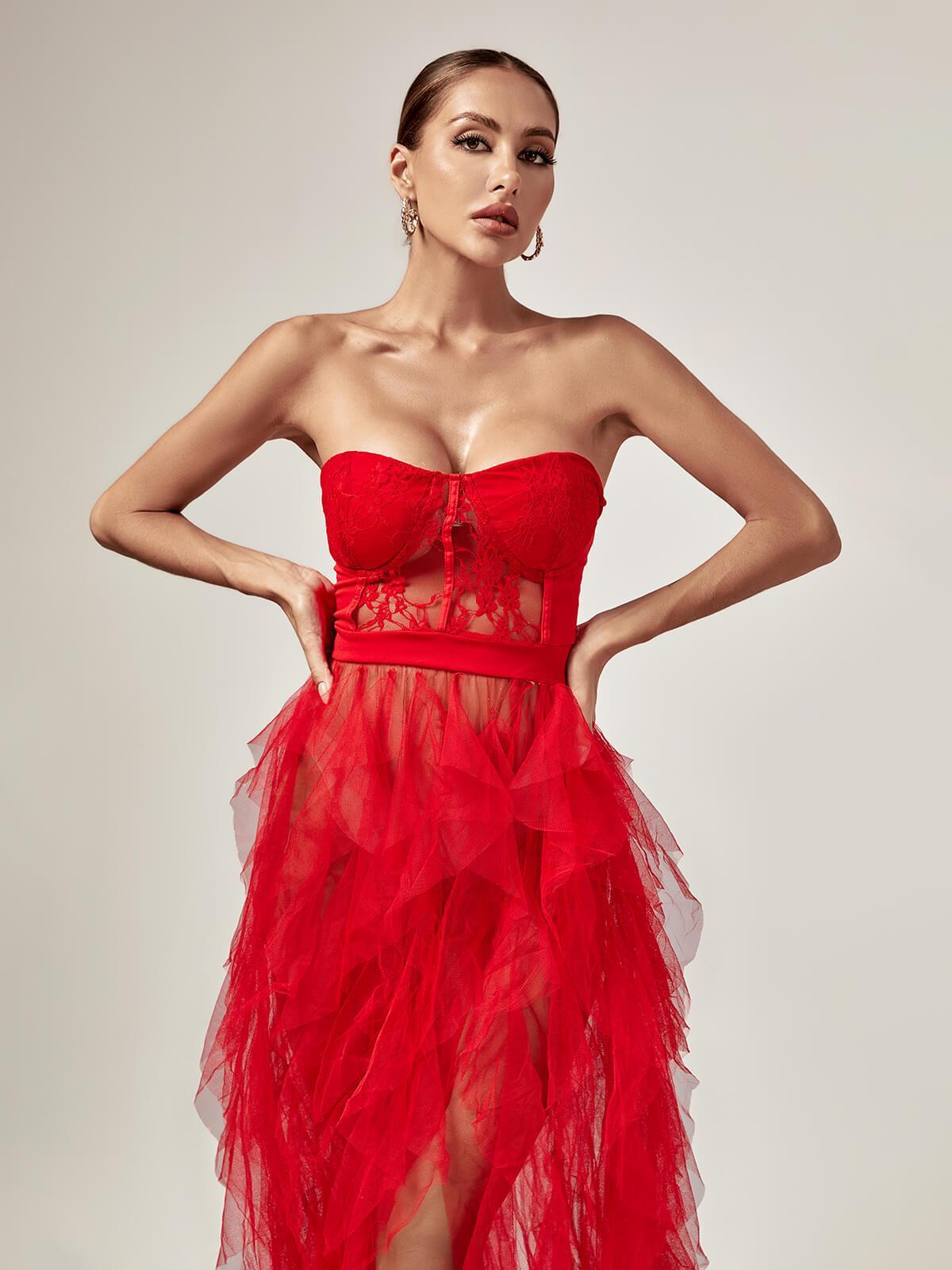 Strapless Corset Lace Tiered Tulle High Slit Train Maxi Gown 3