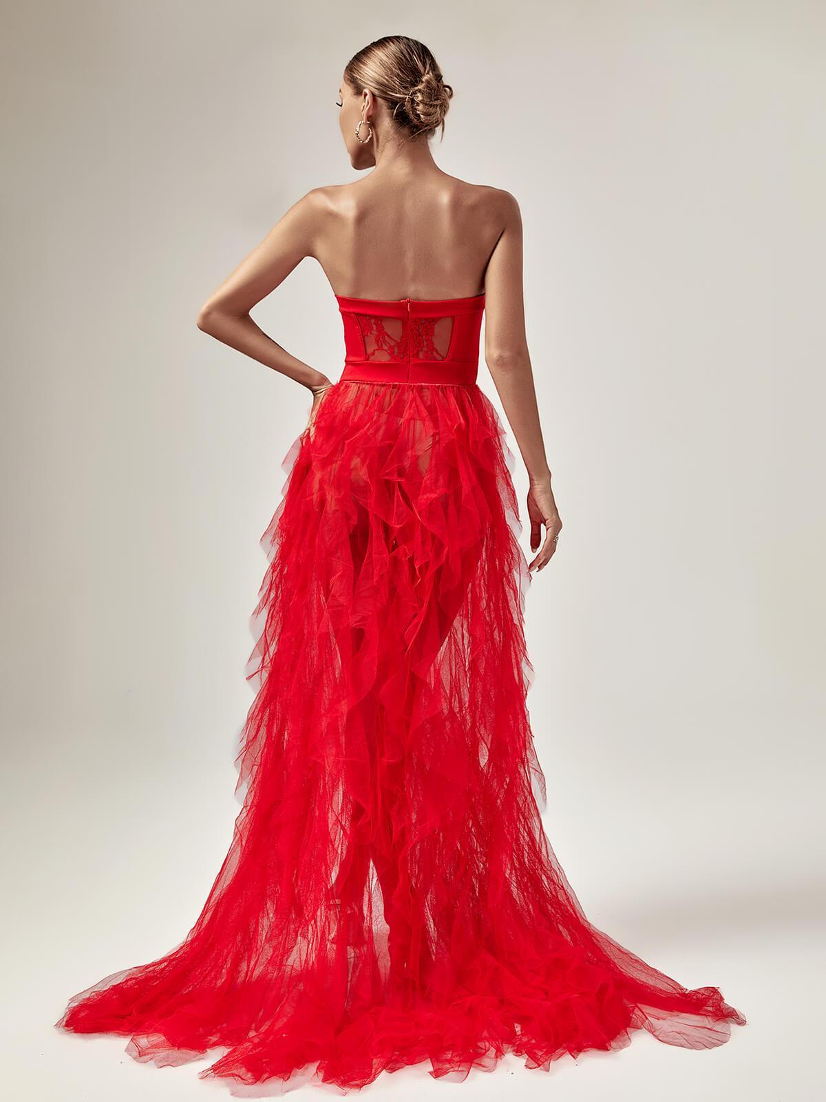 Strapless Corset Lace Tiered Tulle High Slit Train Maxi Gown 5