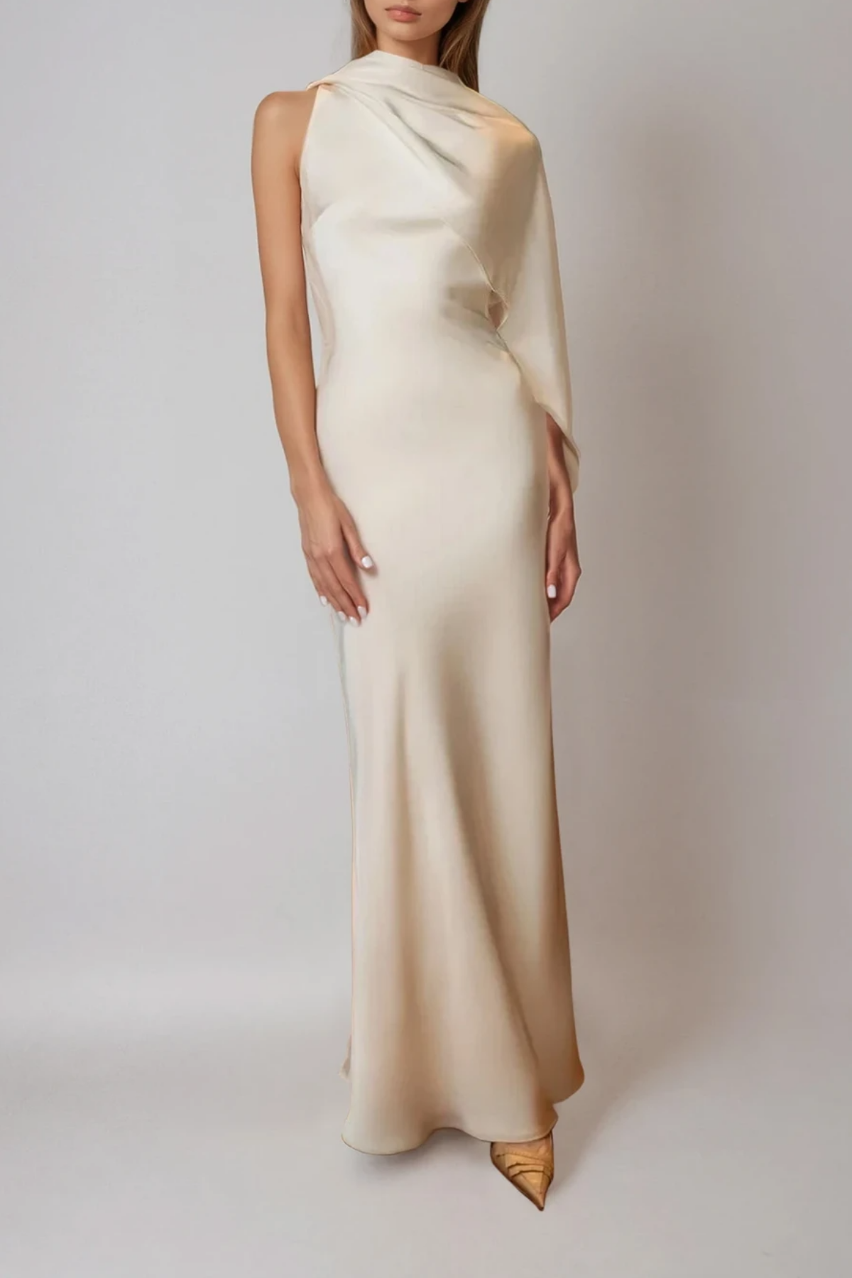 One Shoulder Draped Satin Cape Sleeve Column Maxi Gown