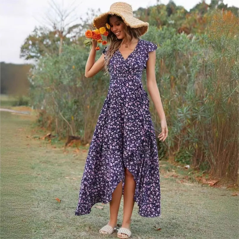 Floral V-Neck Short Sleeve Wrap High-Low Maxi Dress
