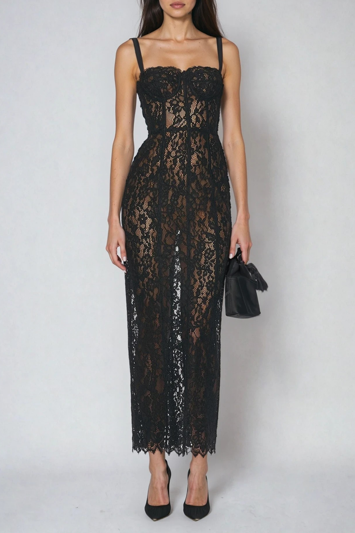Sweetheart Bustier Floral Lace Bodycon Maxi Dress