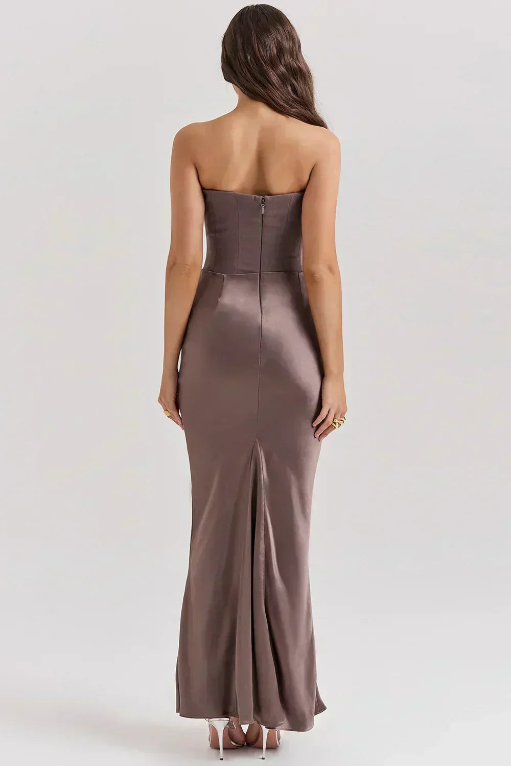 Strapless Pointed Neckline Hip Ruched Column Maxi Gown 6