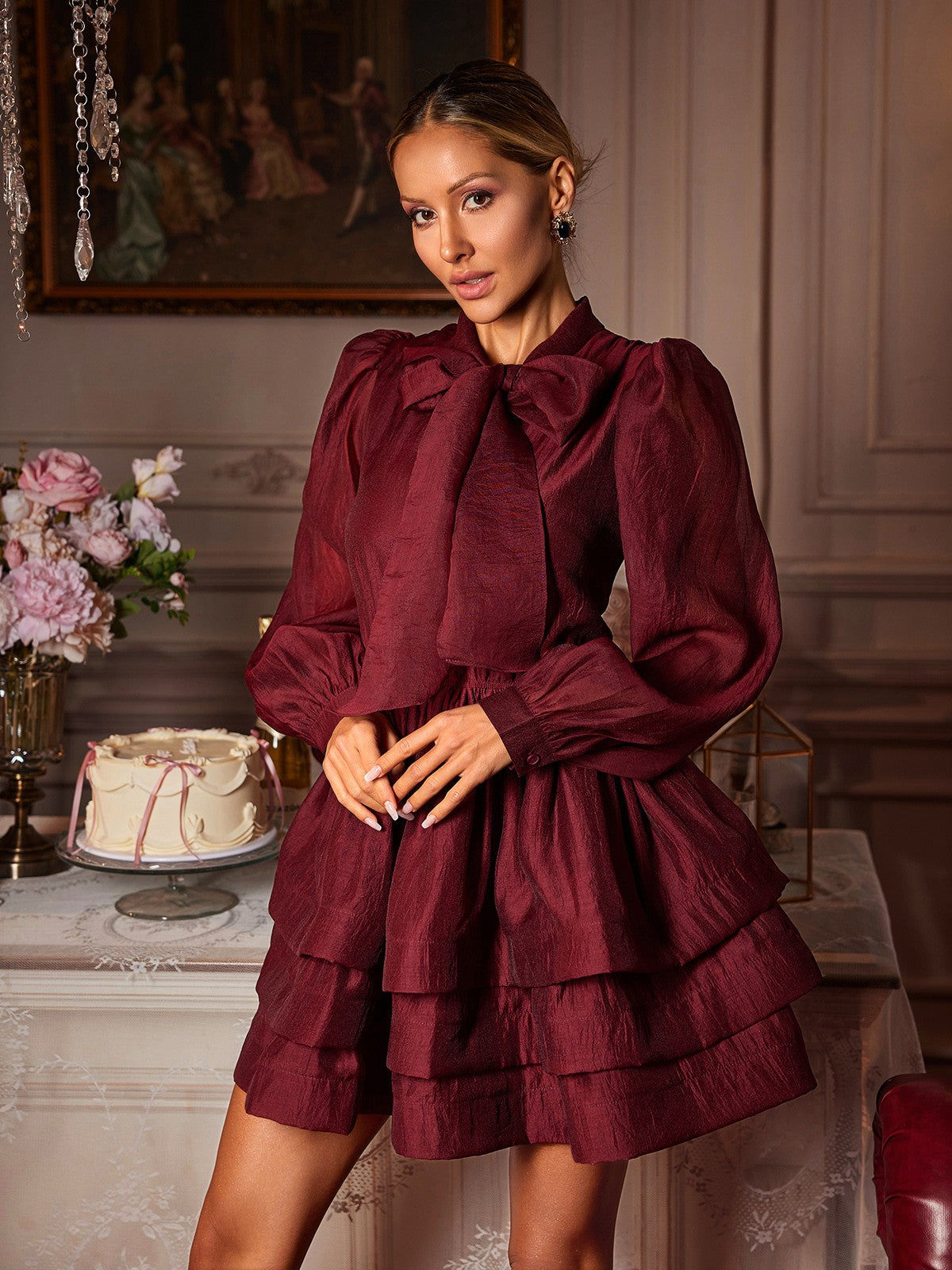Pussy Bow Collar Balloon Sleeve Tiered Ruffle Mini Dress 5