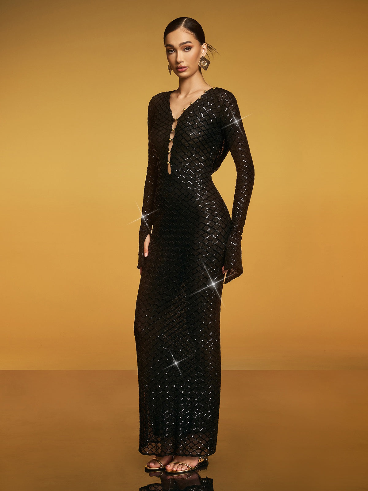 Hooded Cutout Sequin Column Maxi Gown 4