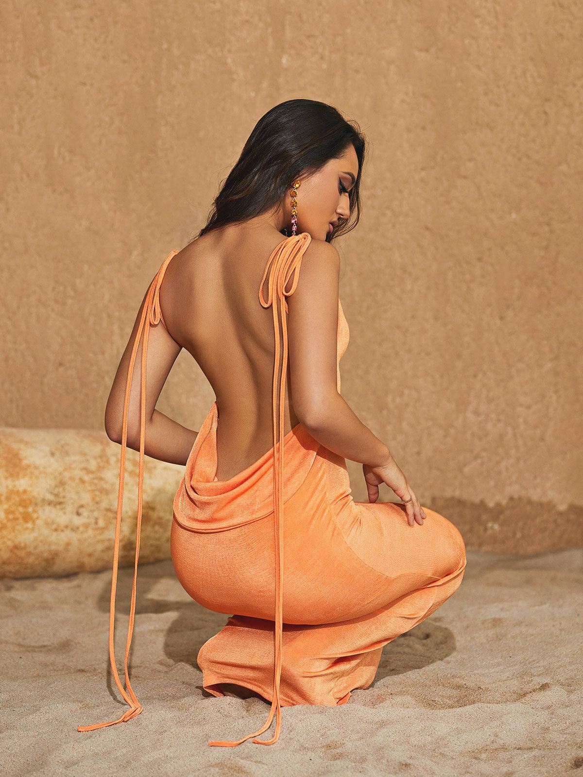 Backless Halter Deep V Ruched Column Maxi Dress