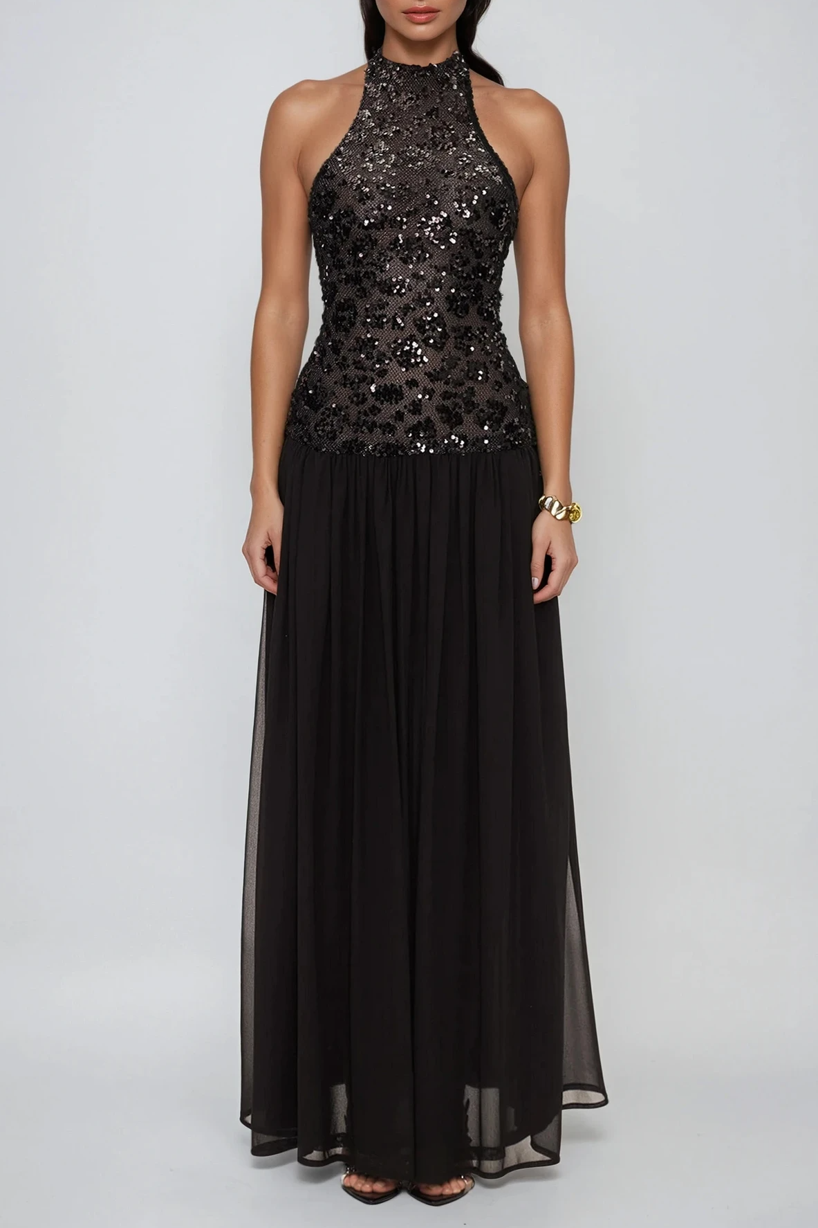 Halter Neck Sequin Mesh Pleated Chiffon Maxi Dress