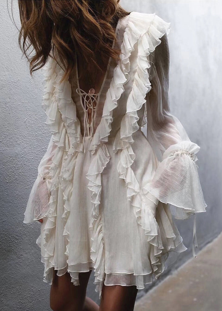 Deep V-Neck Lace Up Bell Cuff Cascading Ruffle Mini Dress