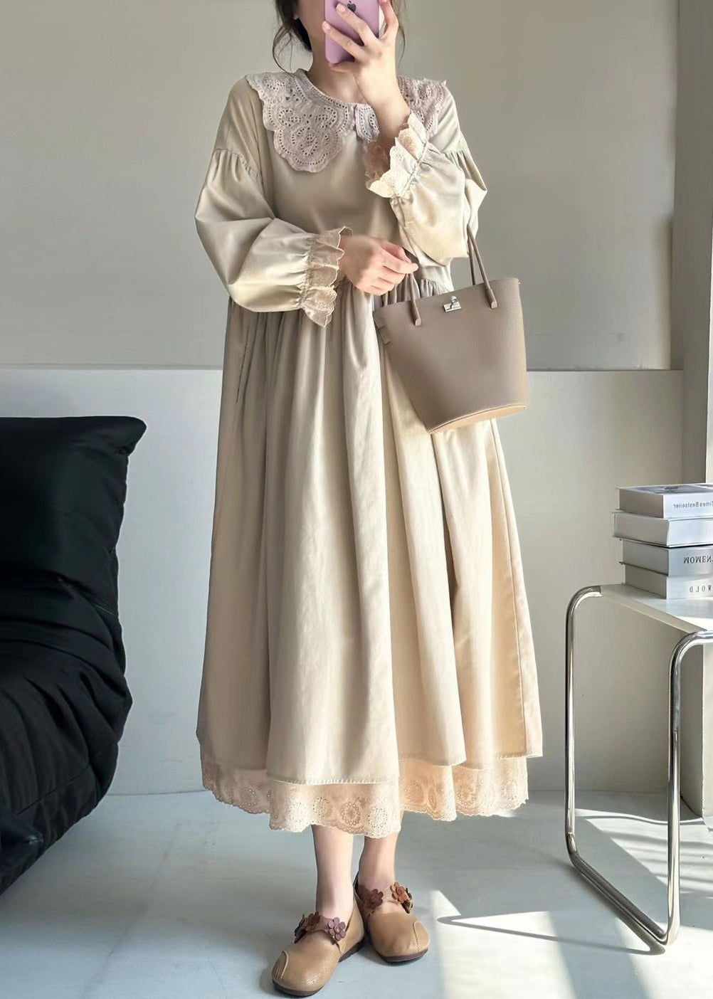Peter Pan Lace Collar Ruffled Cuff Layered Lace Hem Midi Dress