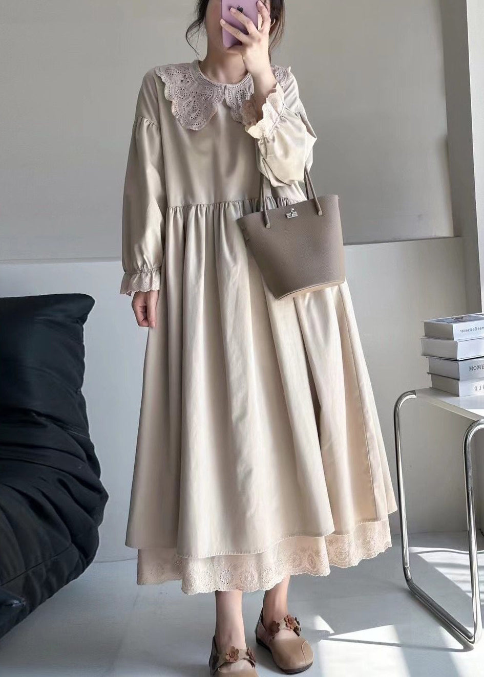 Peter Pan Lace Collar Ruffled Cuff Layered Lace Hem Midi Dress 2