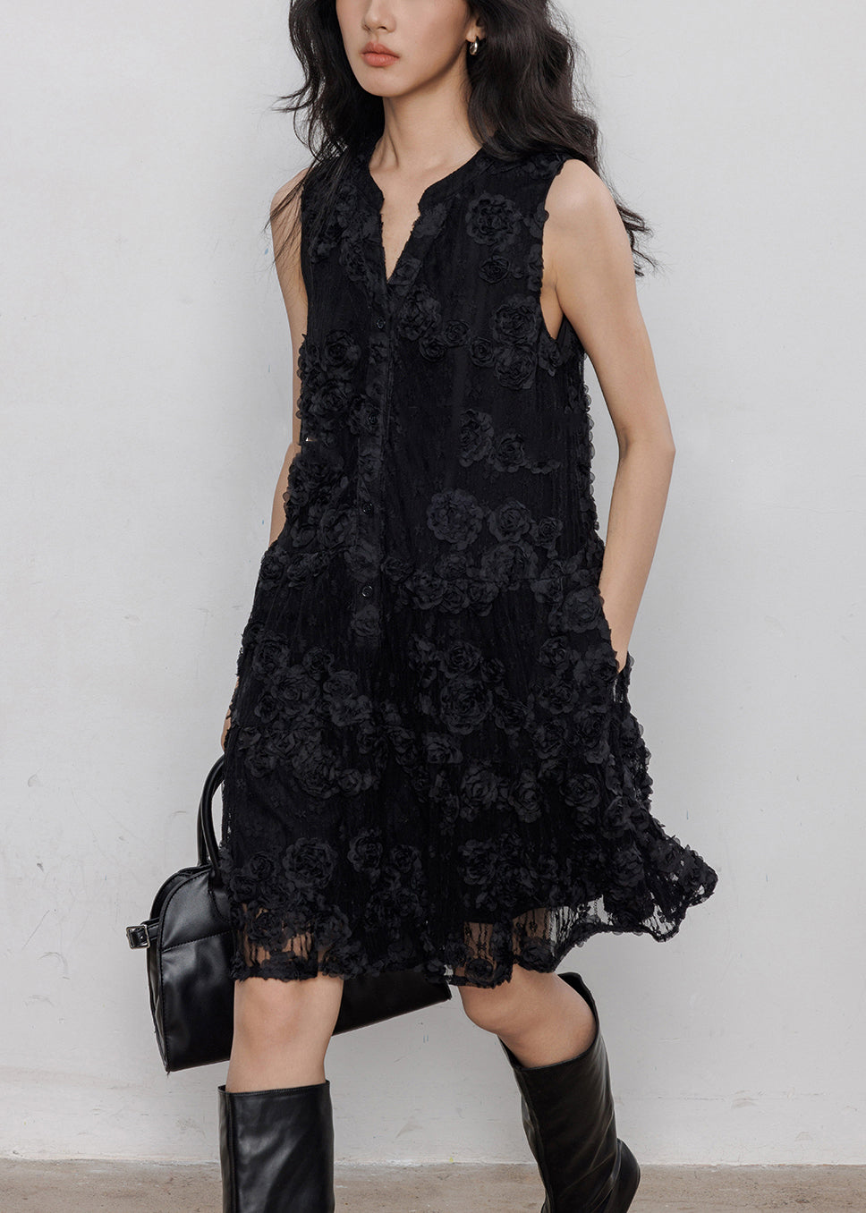 Mandarin Collar Button Front 3D Floral Lace Pocket Mini Dress