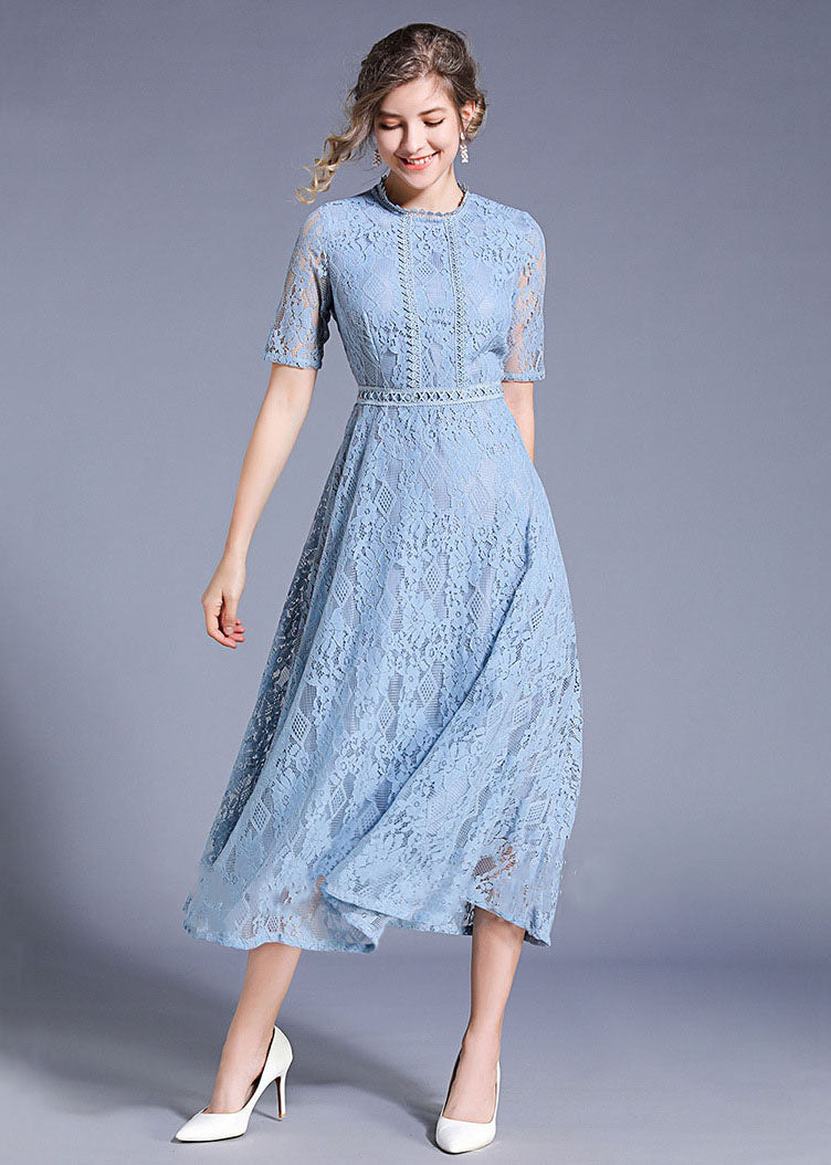 Round Neck Piped Bodice Geometric Lace Waistband Elbow Sleeve Midi Dress 2