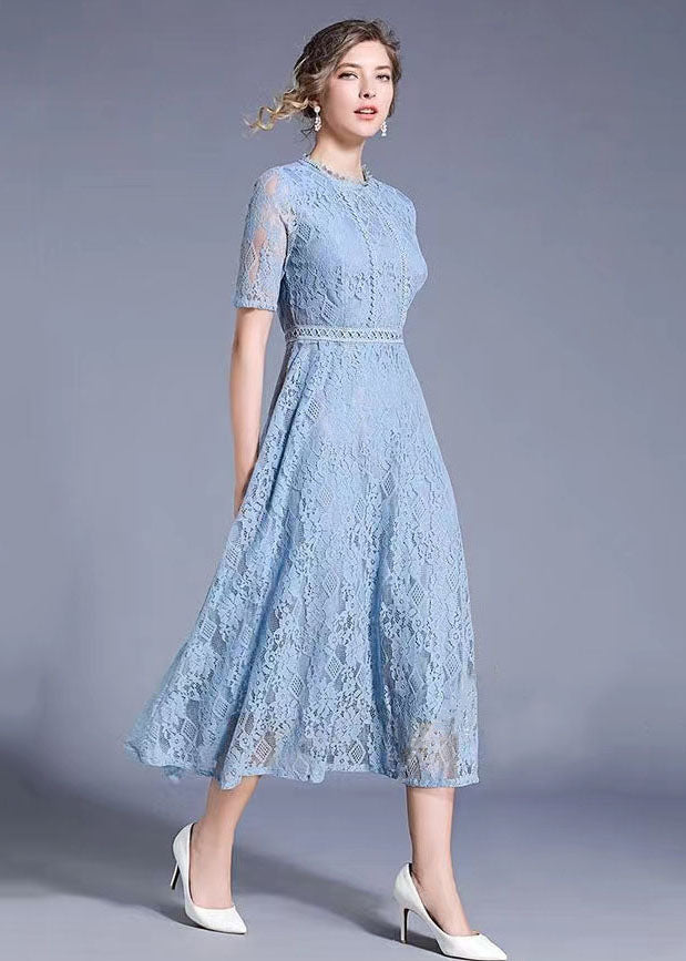 Round Neck Piped Bodice Geometric Lace Waistband Elbow Sleeve Midi Dress 3