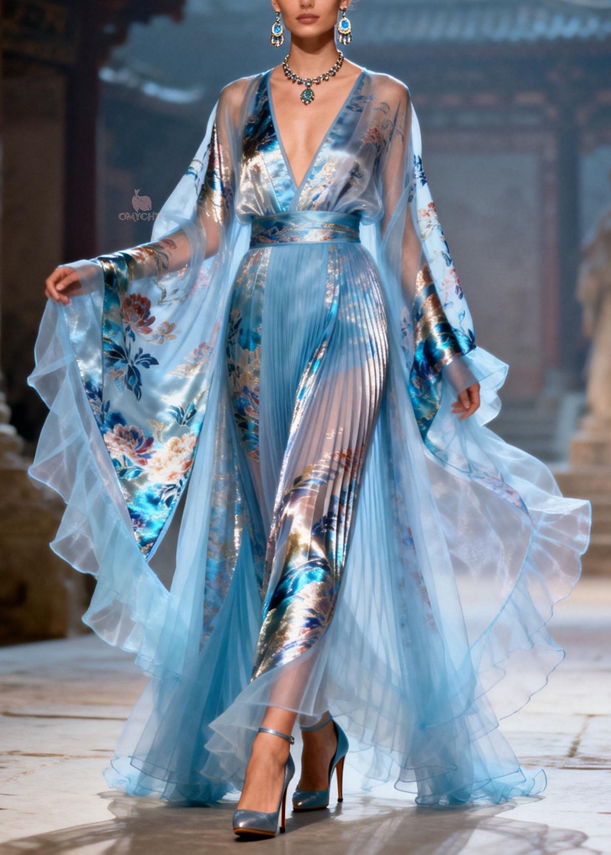 Deep V-Neck Cape Sleeve Pleated Sheer Panel Floral Print Maxi Gown
