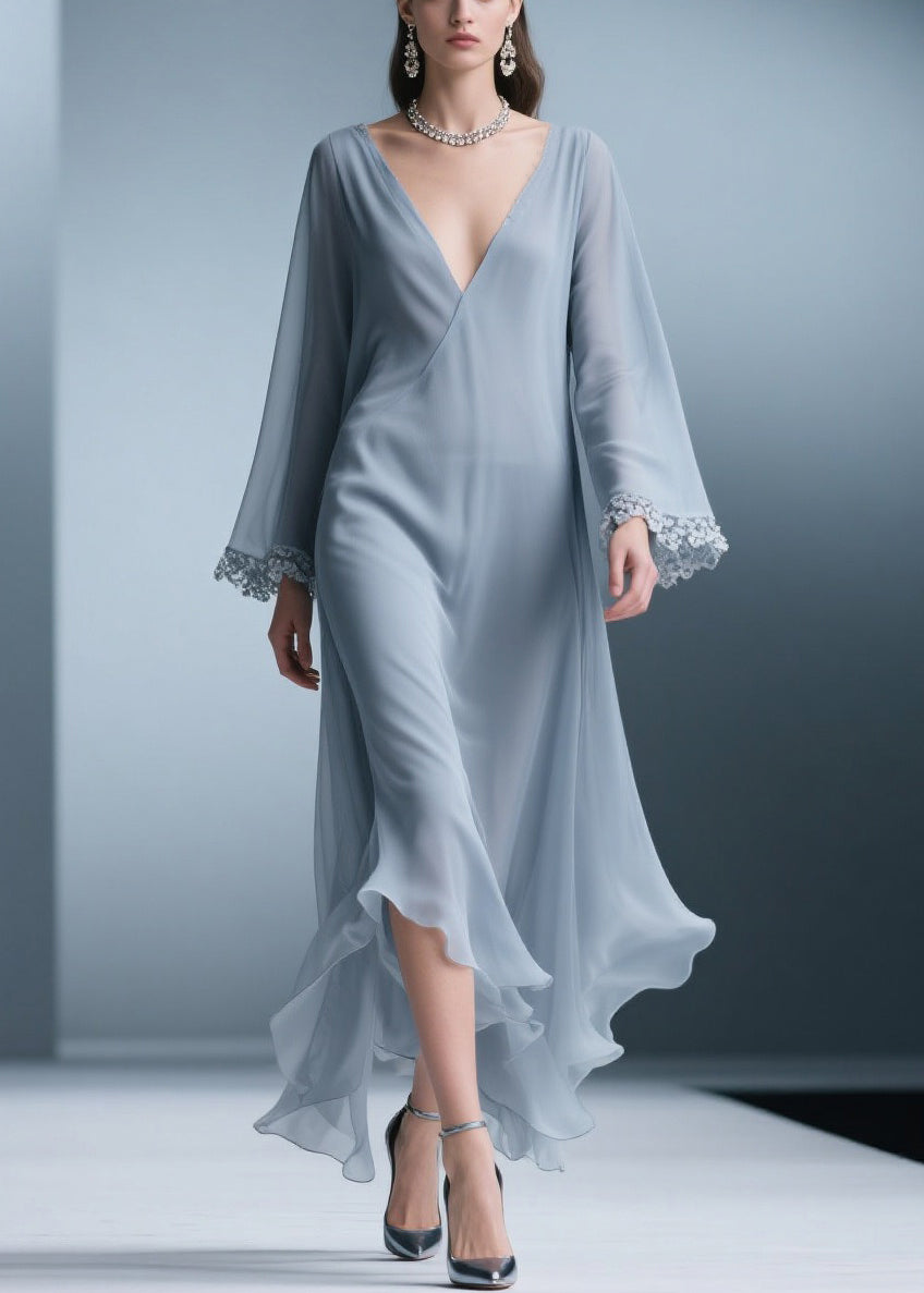 Surplice V-Neck Lace Cuff Bell Sleeve Handkerchief Hem Chiffon Midi Dress 3