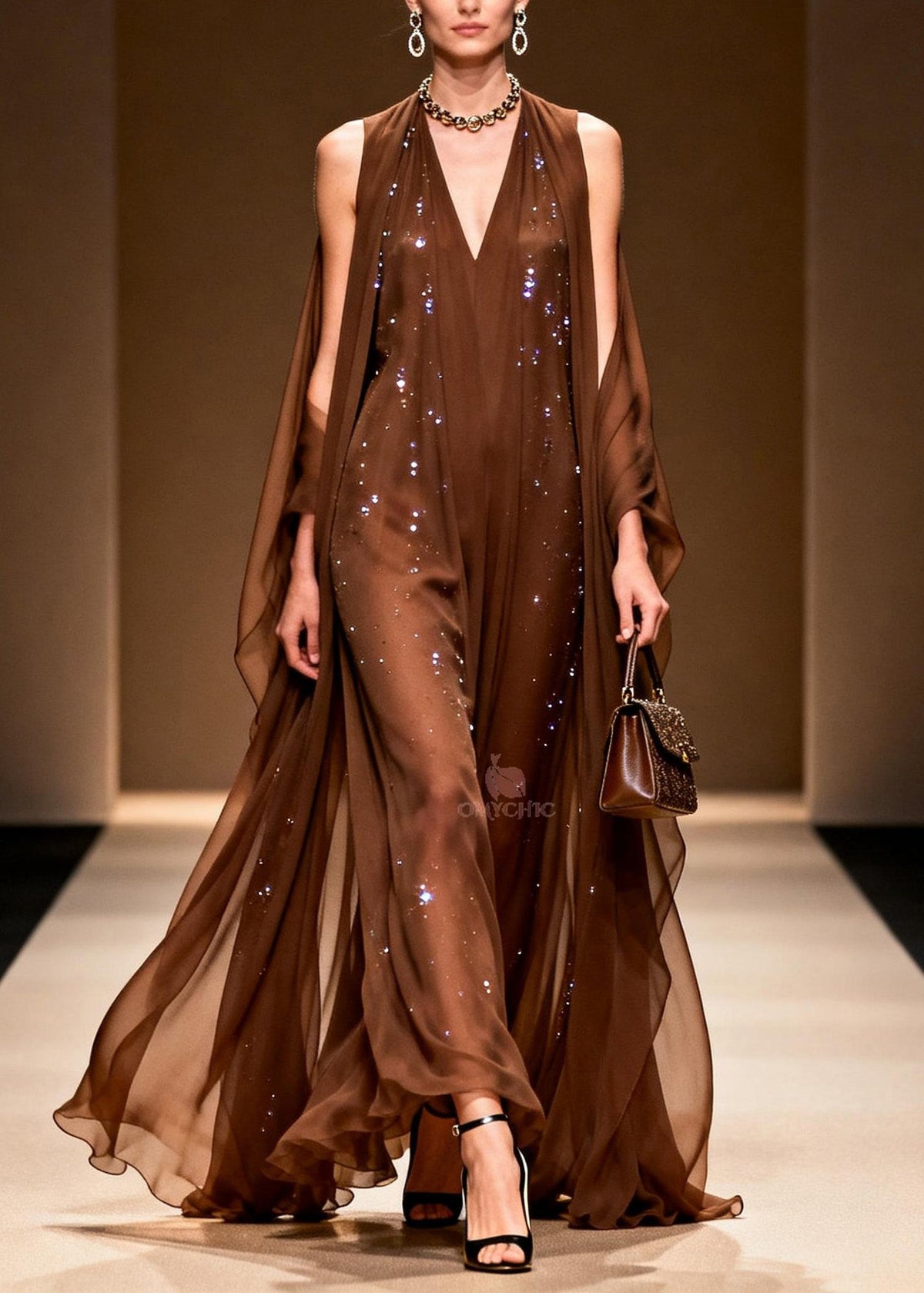 Sleeveless Deep V-Neck Sequin Embellished Cape Overlay Chiffon Maxi Gown