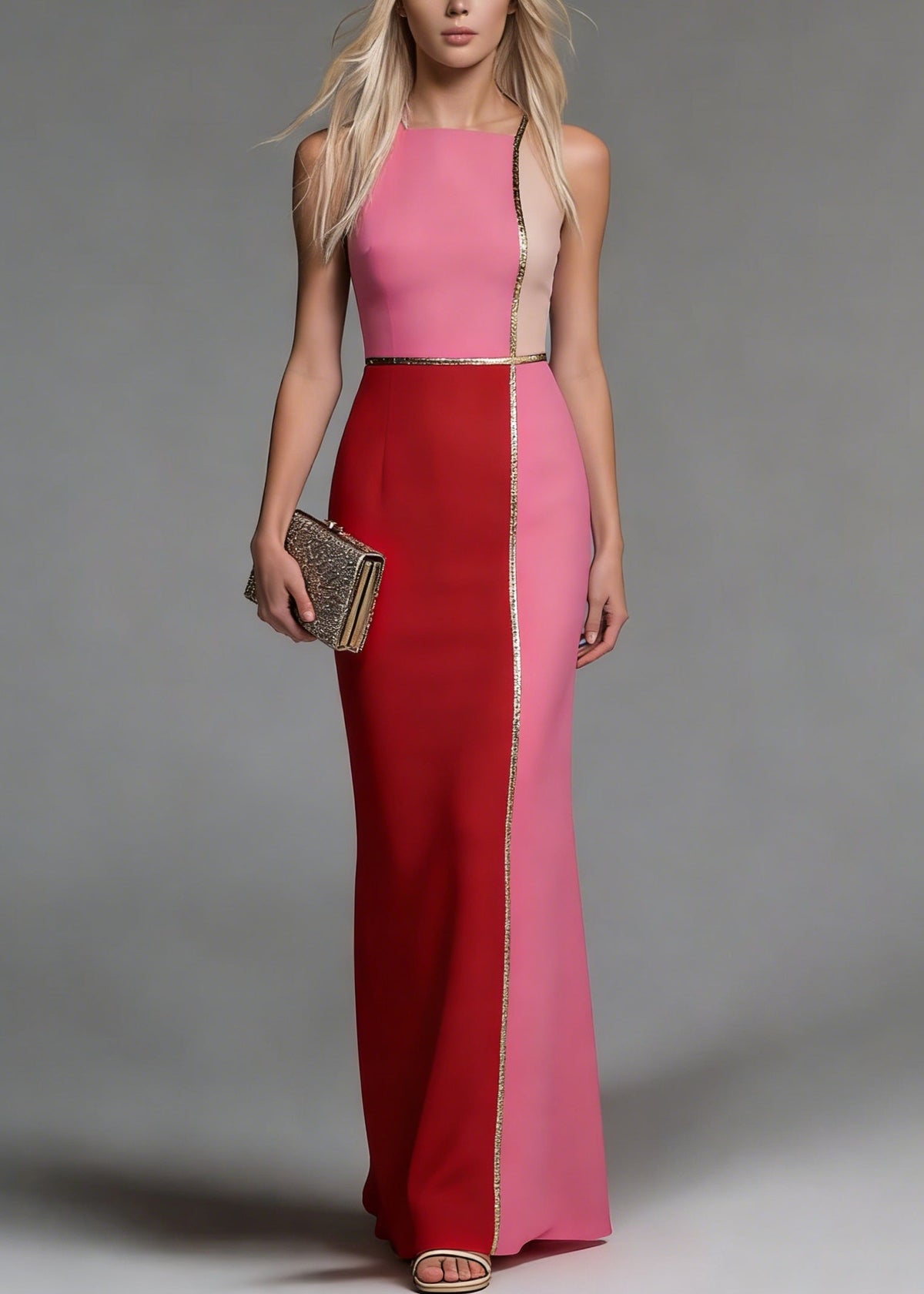 Crew Neck Sleeveless Colorblock Panel Sequin Piped Column Mermaid Hem Maxi Gown