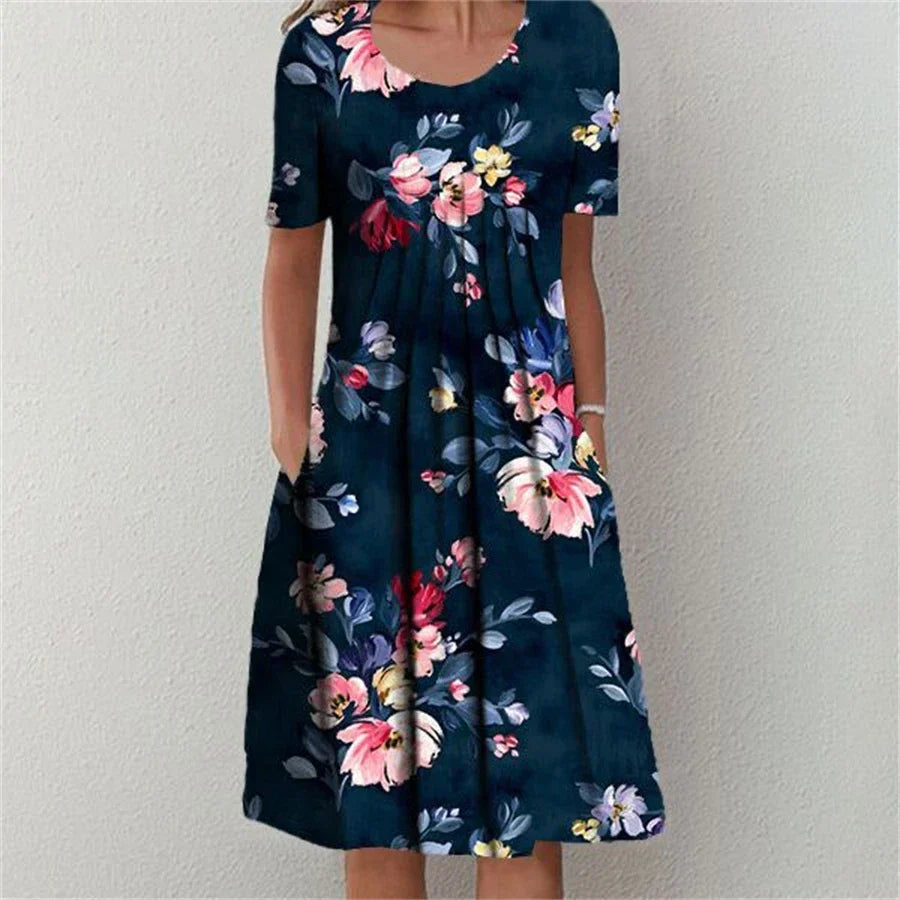 Round Neck Short Sleeve Floral Print Pleated Pocket Midi Dress 2