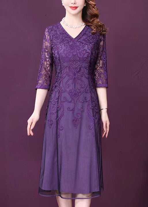 V-Neck Embroidered Mesh Sleeve Layered Hem Midi Dress