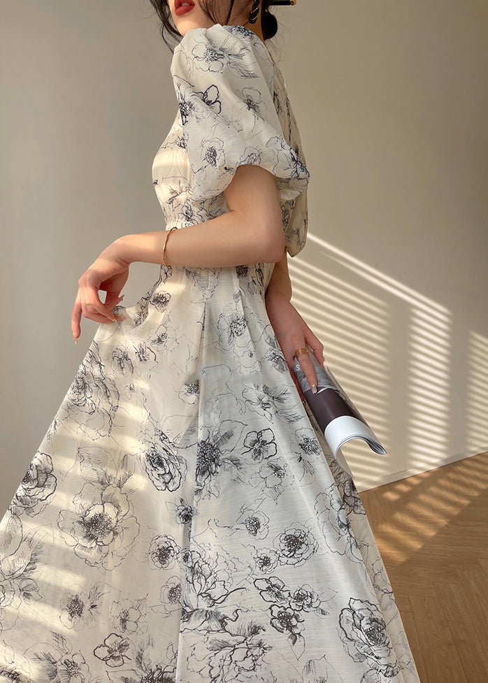 V-Neck Puff Shoulder Button Front Toile Floral Pocket Fit Flare Midi Dress 4
