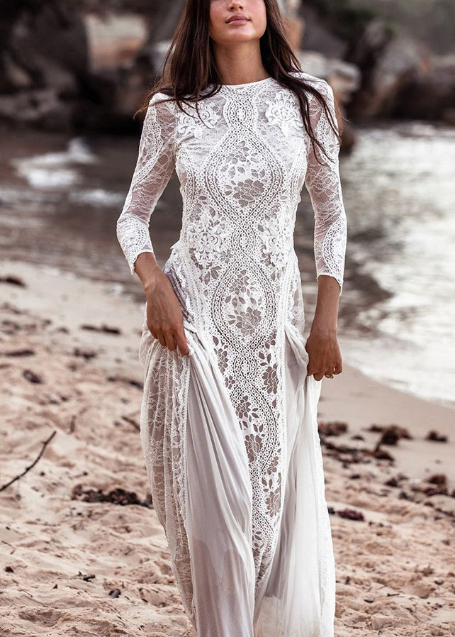 Halter Deep V Backless Hollow Lace Tiered Maxi Dress