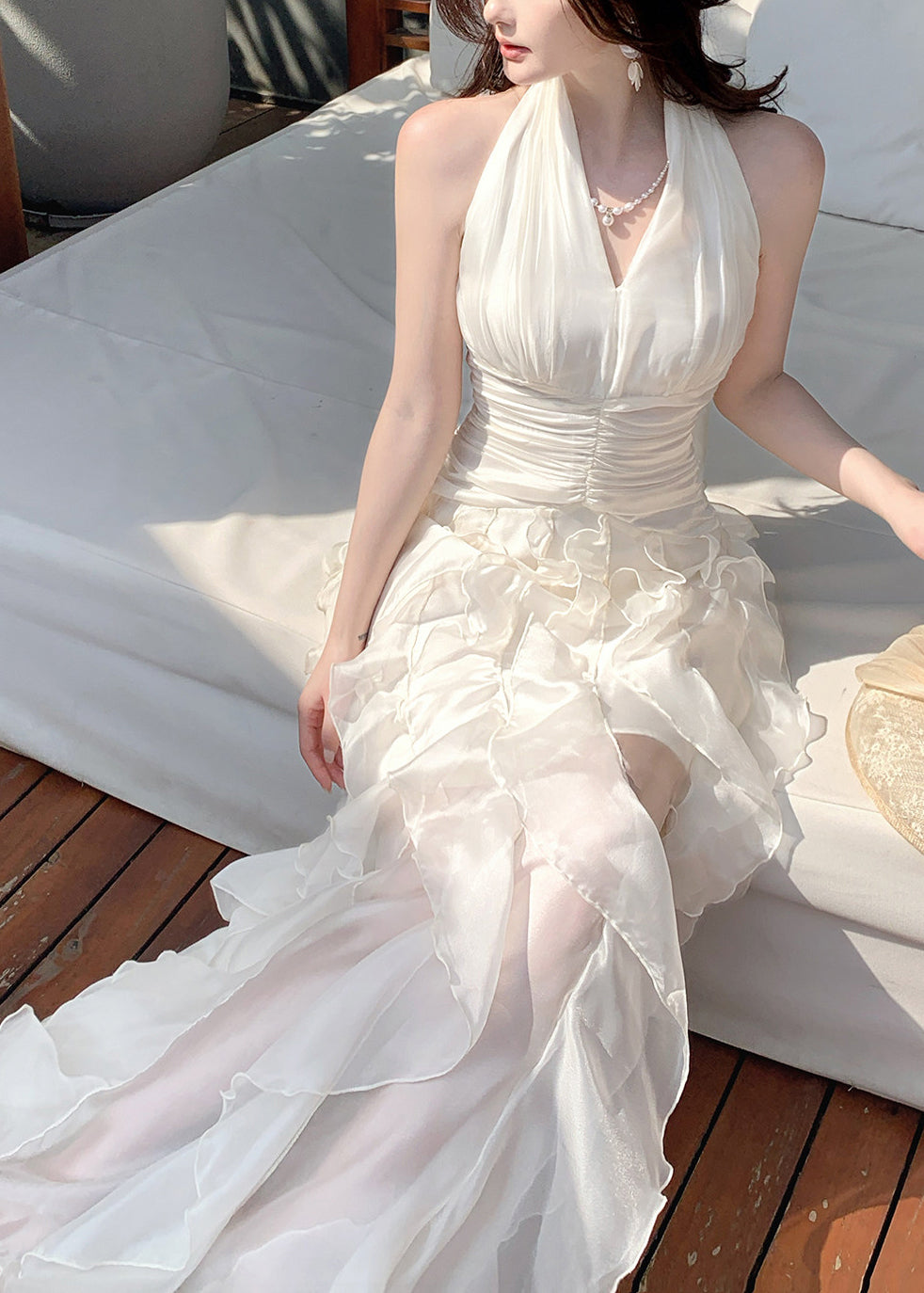 Halter Plunging V Neck Ruched Bodice Tiered Ruffle Maxi Gown