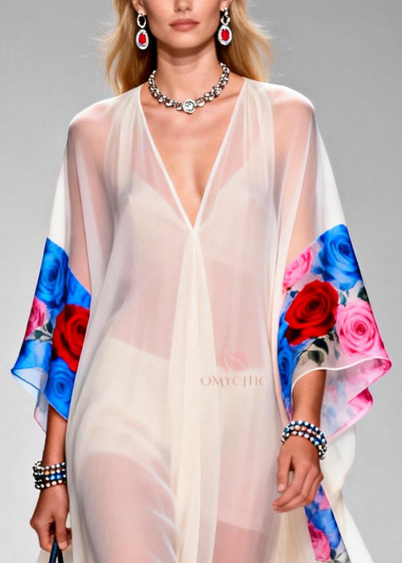 Deep V-Neck Kimono Sleeve Floral Border Print Sheer Kaftan Gown 2
