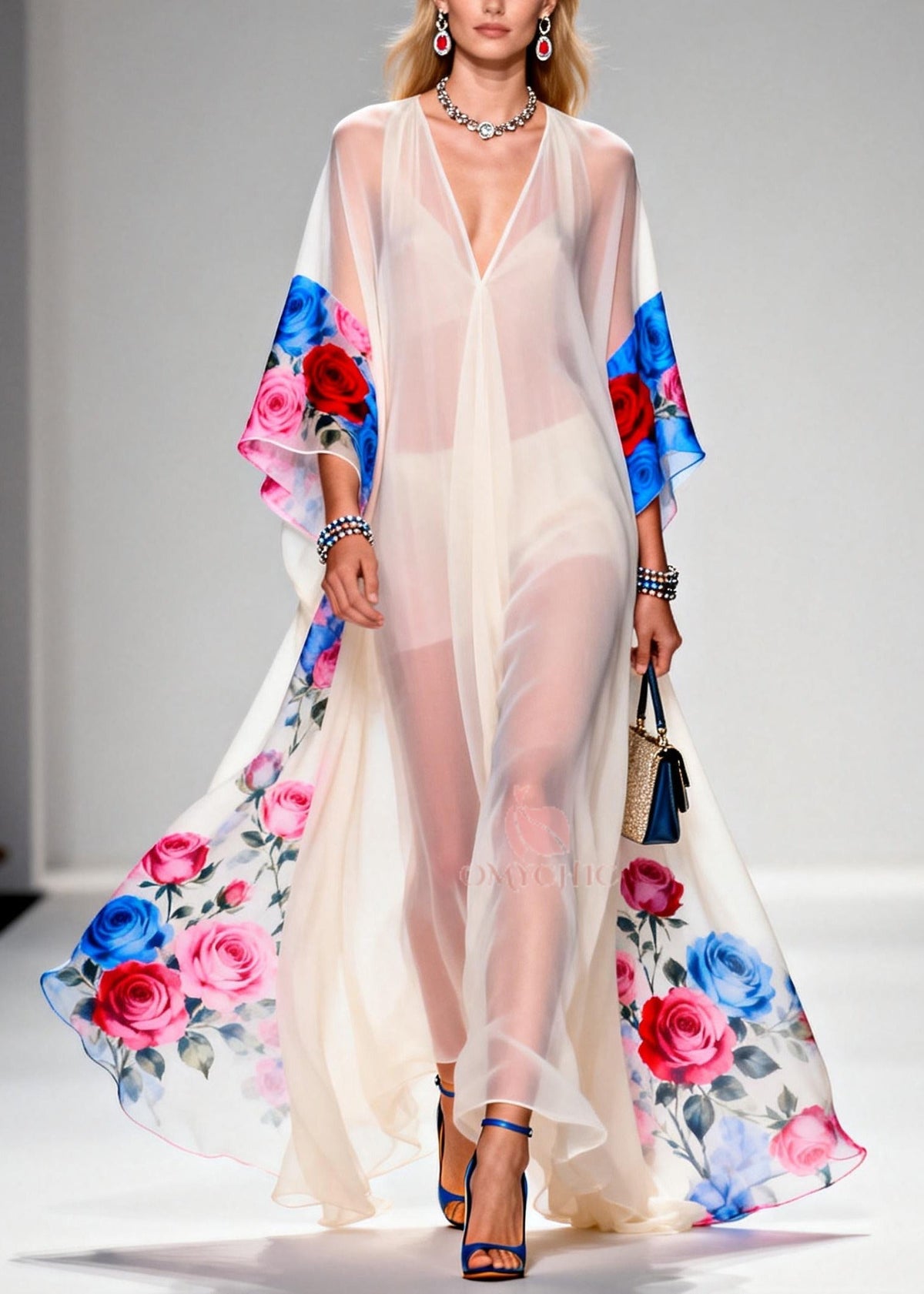 Deep V-Neck Kimono Sleeve Floral Border Print Sheer Kaftan Gown 3