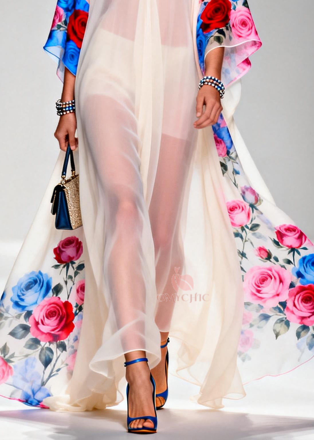 Deep V-Neck Kimono Sleeve Floral Border Print Sheer Kaftan Gown 4