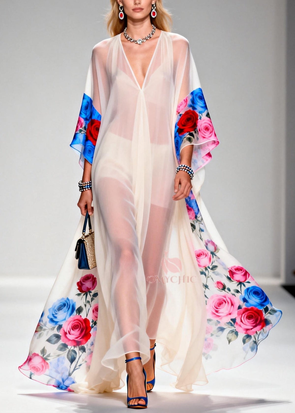 Deep V-Neck Kimono Sleeve Floral Border Print Sheer Kaftan Gown 5
