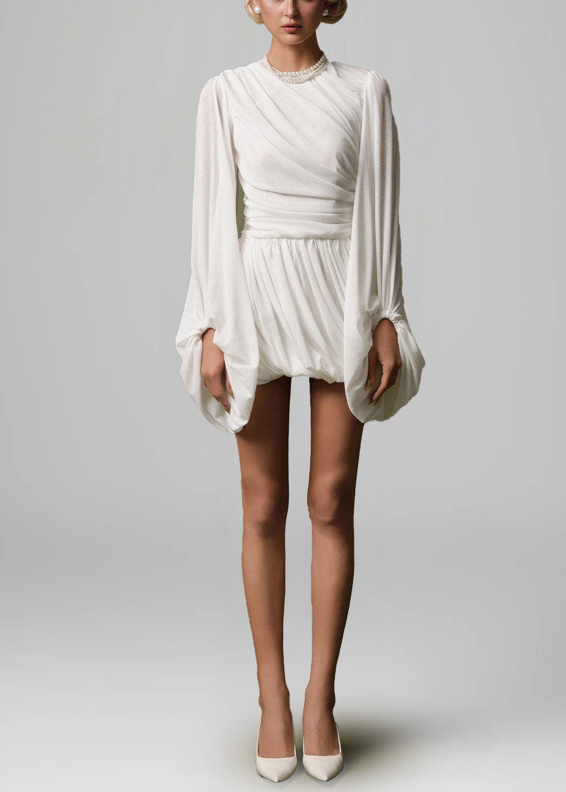 Crew Neck Ruched Bodice Lantern Sleeve Bubble Hem Crinkled Mini Dress