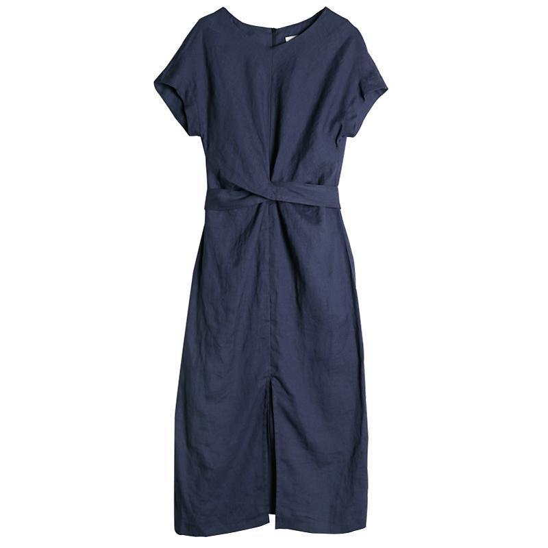 Round Neck Twist Front Knot Draped Linen Texture Midi Dress 6