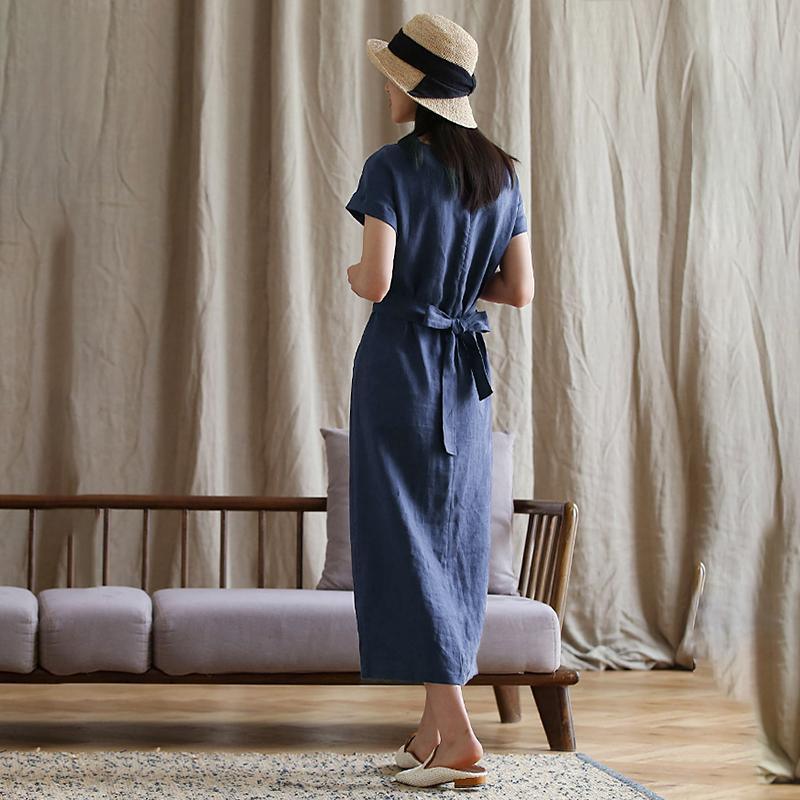 Round Neck Twist Front Knot Draped Linen Texture Midi Dress 3