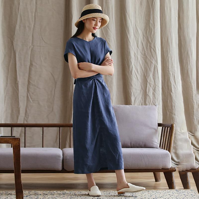 Round Neck Twist Front Knot Draped Linen Texture Midi Dress 4
