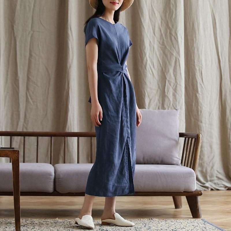 Round Neck Twist Front Knot Draped Linen Texture Midi Dress 2