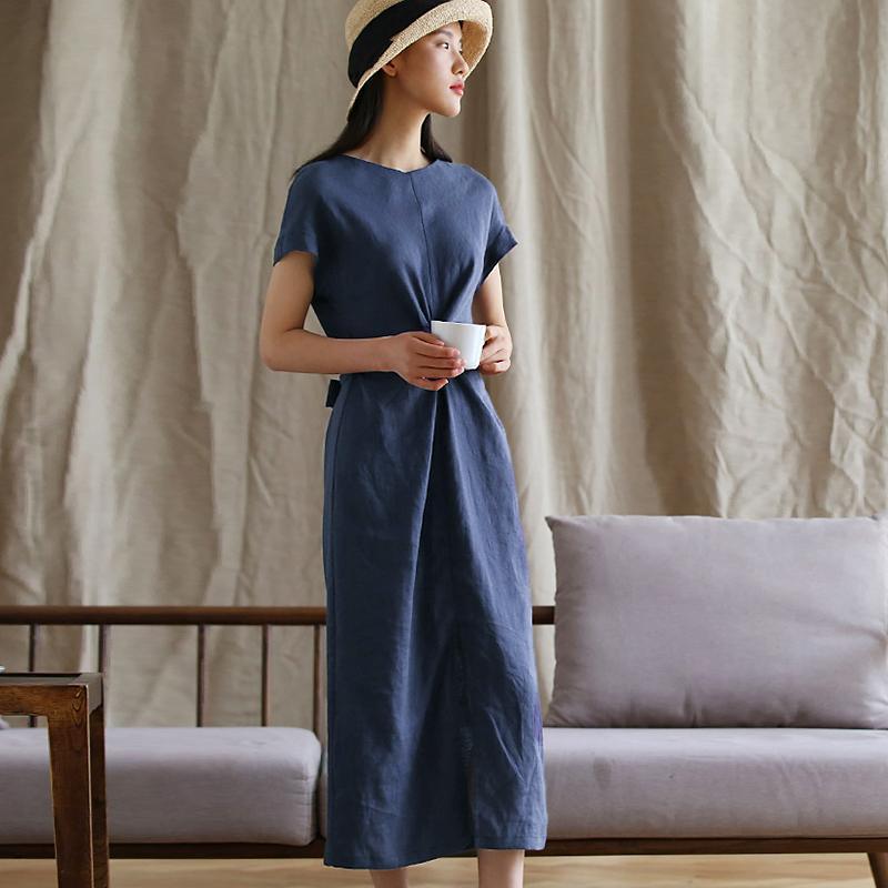 Round Neck Twist Front Knot Draped Linen Texture Midi Dress 5