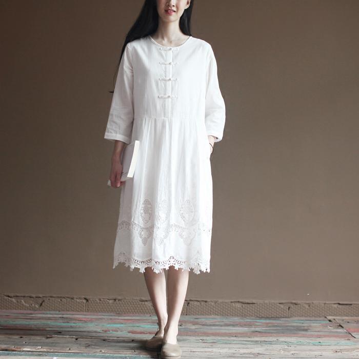Round Neck Frog Button Three Quarter Sleeve Embroidered Lace Hem Midi Dress