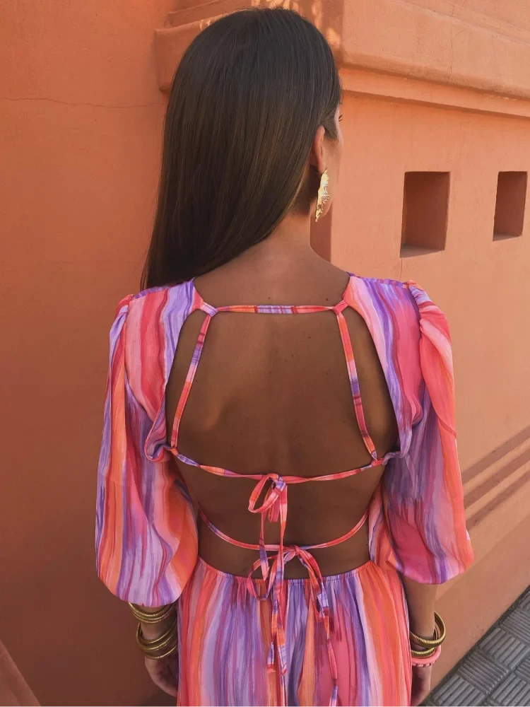 Round Neck Puff Sleeve Side Cutout Vertical Stripe Maxi Dress 3