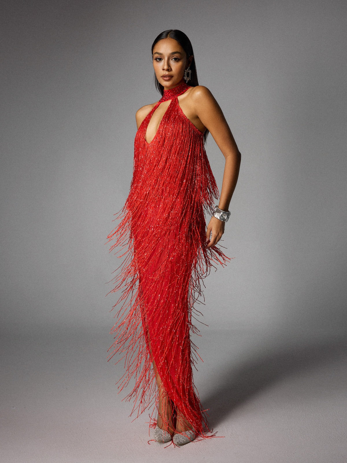 Halter Keyhole Beaded Choker Fringe Side Slit Maxi Dress 2
