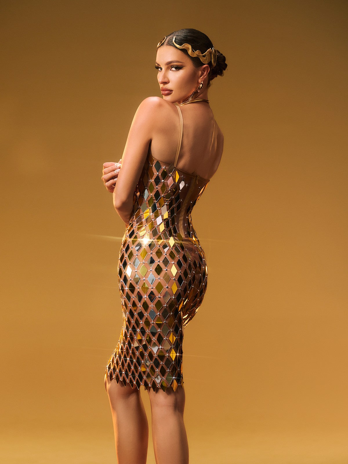 Spaghetti Strap V-Neck Diamond Plate Mesh Bodycon Midi Dress 6